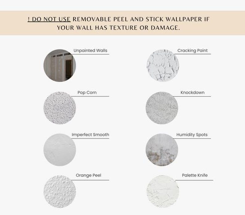 May include: A graphic illustrating wall textures and conditions unsuitable for removable peel and stick wallpaper. Text reads: "I DO NOT USE REMOVABLE PEEL AND STICK WALLPAPER IF YOUR WALL HAS TEXTURE OR DAMAGE."