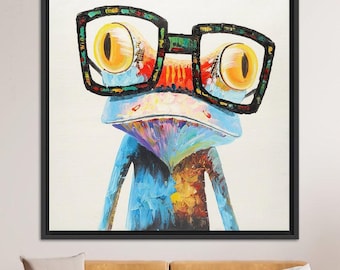 Funny Frog Canvas Art, Colorful Glasses, Quirky Animal Print