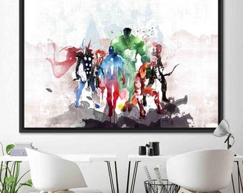 Avengers Watercolor Canvas Art, Superhero Movie Poster