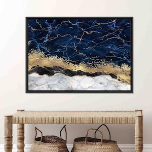 Arte mural de mármol azul, decoración abstracta de pared, decoración del hogar, póster de mármol, diseño de pared dorado y azul, tapices de lujo, pósteres.