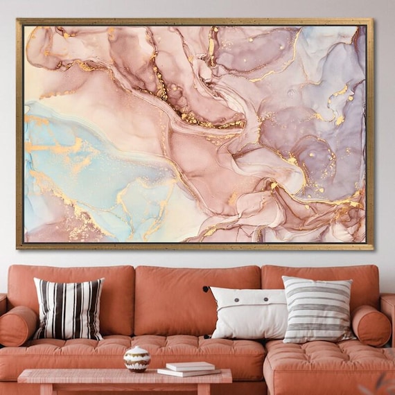 Pink Marble Canvas Art, Gold Abstract Wall Decor, Cotton Print