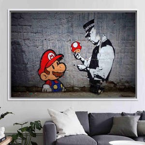 Tela di Banksy, Banksy Wall Art, Mario e il poliziotto, Graffiti su tela, Stampa di Banksy, Decorazione di street art, Stampa di Mario, Pronta da appendere