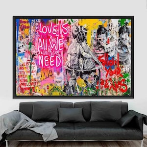 Lienzo decorativo para pared "Love Is All We Need", decoración de dormitorio, póster de Banksy estilo grafiti, impresión hecha a mano con frase de amor, idea de regalo romántico, impresión de Banksy