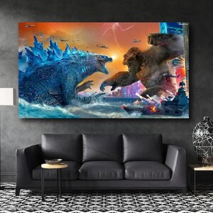 King Gorilla Wall Art, Gorilla War Wall Decor, Animal War Decoration, Atomic Dinosaur Art,Monster Gorilla,Giant Monster Battle Wall Canvas