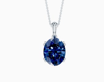 9x7 Oval Lab Sapphire Pendant • Double Prong Solitaire Necklace • Sterling Silver Gold Plated • Gift for Her • September Birthstone