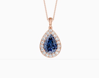 Colgante de zafiro azul de laboratorio / Collar con halo de pera / Lágrima con acento de moissanita / Joyería de regalo de plata 925 / Colgante de piedra preciosa azul
