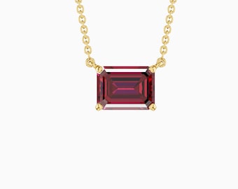8x6 Emerald Cut Lab Ruby Pendant, Ruby Solitaire Necklace, Horizontal Ruby Necklace, July Birthstone Jewelry, Gold Plated Sterling Silver