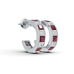 Princess Cut Lab Ruby & Moissanite Channel Set Hoop Earrings, 925 Sterling Silver Screw Back, Royal Red July Birthstone Channel Hoop, Luxury