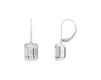 Moissanit Smaragdschliff Tropfen Ohrringe | 9 x 7 mm Lünetten Set | Klappbrisur | Sterling Silber | D Farbe | Weihnachtsgeschenk | Elegantes Minimalist Schmuck