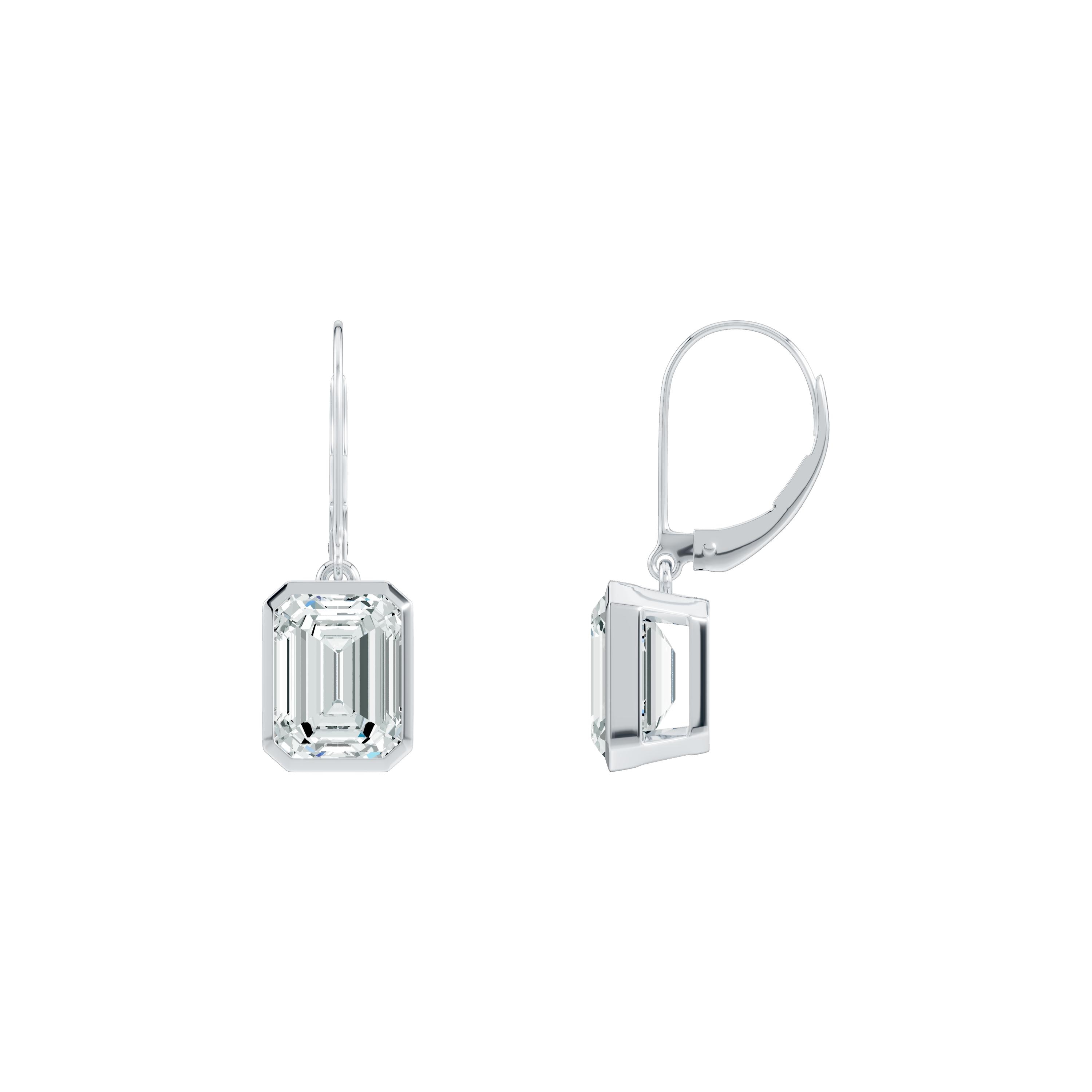 Emerald Cut Moissanite Drop Earrings | 9x7mm Bezel Set | Leverback
