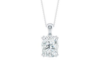 May include: A silver pendant necklace featuring a rectangular, cushion-cut diamond. The diamond is set in a four-prong setting and hangs from a delicate chain. The pendant is a classic and elegant piece of jewelry.