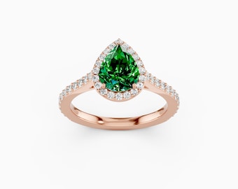 9x7 Pear Lab Emerald Halo Ring • Moissanite Accents • Sterling Silver Engagement Ring • Christmas Proposal Jewelry • Emerald Bridal Ring