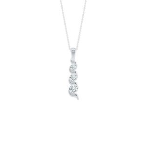 May include: A silver pendant necklace with three clear, round gemstones set in a flowing, curved design. The pendant hangs from a delicate chain, creating an elegant piece of jewellery.