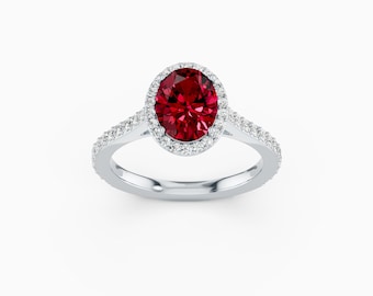 Oval Lab Ruby Halo Engagement Ring • 9x7mm Ruby with Moissanite Side Stones • Sterling Silver Proposal Ring • Ruby Halo Ring Gift for mother