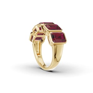 5 Carat Ruby Ring, Emerald Cut Ruby Ring, Five Stone Anniversary Ring, Bezel Set Silver Ring, July Birthstone Gift, Red Gemstone Ring,