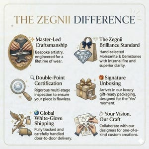 K&ouml;nnte beinhalten: Eine illustrierte Grafik mit dem Text "THE ZEGNII DIFFERENCE" und Symbolen f&uuml;r Handwerkskunst, Zertifizierung, Versand, Brillanz, Auspacken und kundenspezifische Designleistungen. Jeder Service wird kurz beschrieben.