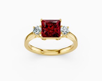 Princess Cut Lab Ruby Three Stone Ring • 7mm Ruby Engagement Ring • Ruby & Moissanite Ring • Sterling Silver Proposal Jewelry for mother