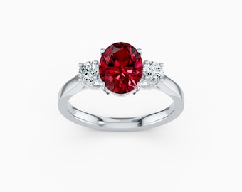Oval Lab Ruby Three Stone Engagement Ring • 9x7mm Ruby Ring • Moissanite Side Stones • Sterling Silver Proposal Ring • Gift for mother