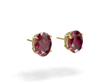 Oval Lab Ruby Stud Earrings, 9x7mm Ruby Studs in 925 Sterling Silver, Valentine Gift for Her