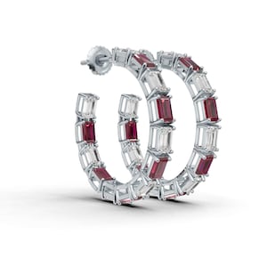 Pendientes de aro de rubí y moissanita cultivados en laboratorio, aros de lujo de plata de ley 925 maciza con engaste de canal, piedras preciosas de talla esmeralda de 3 x 2 mm (26)