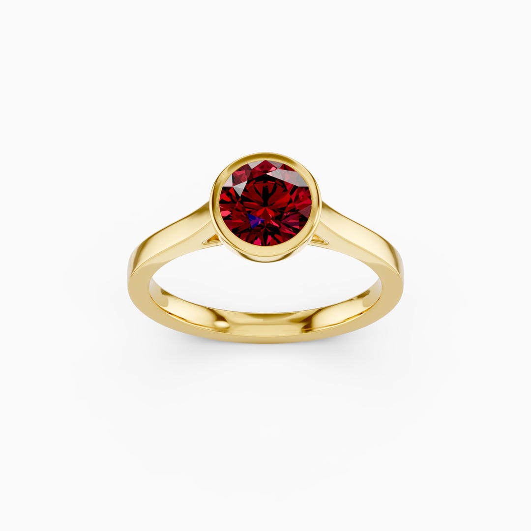 7mm Round Lab Ruby Bezel Set Ring • Sterling Silver Solitaire • Dainty ...