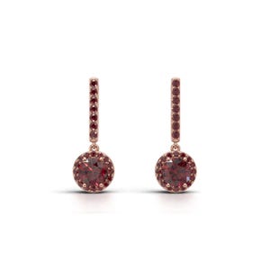 Pendientes colgantes con halo de rubí de laboratorio, pendientes de piedra natal de julio, pendientes colgantes de rubí, pendientes con halo de plata de ley, regalo de piedra preciosa roja para ella.