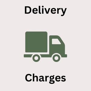 May include: An olive green delivery truck icon with a square cargo area and a cab, set against a light beige background. The word "Delivery" is above the truck, and "Charges" is below it.