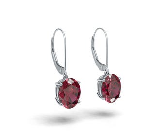Oval Lab Ruby Drop Earrings, 4 Prong Ruby Leverback Earrings in 925 Silver, Valentine Gift for Her