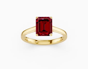 エメラルドカットのラボグロウンルビーソリティアリング • 9 x 7 mmのレッドルビー婚約指輪 • お母様へのプレゼントに最適。スターリングシルバーのルビーリング（女性用）