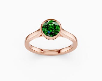 7mm Round Lab Emerald Bezel Set Ring • Green Emerald Solitaire • Sterling Silver Gemstone Ring • Engagement Gift • Christmas Jewelry