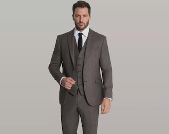 Men’s Brown Herringbone Tweed Wool Suit (3-Piece) – Slim Fit by Tom Percy, Wedding / Formal Wear