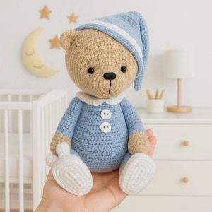 Crochet Sleepy Bear Amigurumi PDF Pattern – Digital Download Plush Teddy Bear in Pajamas, DIY Crochet Toy Tutorial