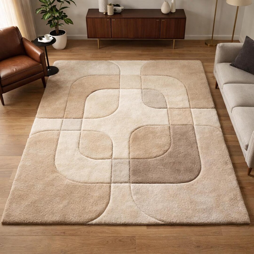 Abstract Curved Rug, Mid Century Modern Beige and Taupe, Hand Tufted ...