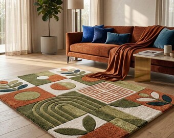 Alfombra de lana neozelandesa de 5x8 pulgadas, tejida a mano, con diseño geométrico abstracto moderno en naranja y crema oliva.