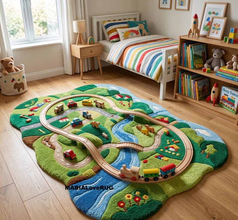 Model Train Rugs 3D Hand-tufted Wool Adventure Play Rug – Train Track Nursery Carpet for ...