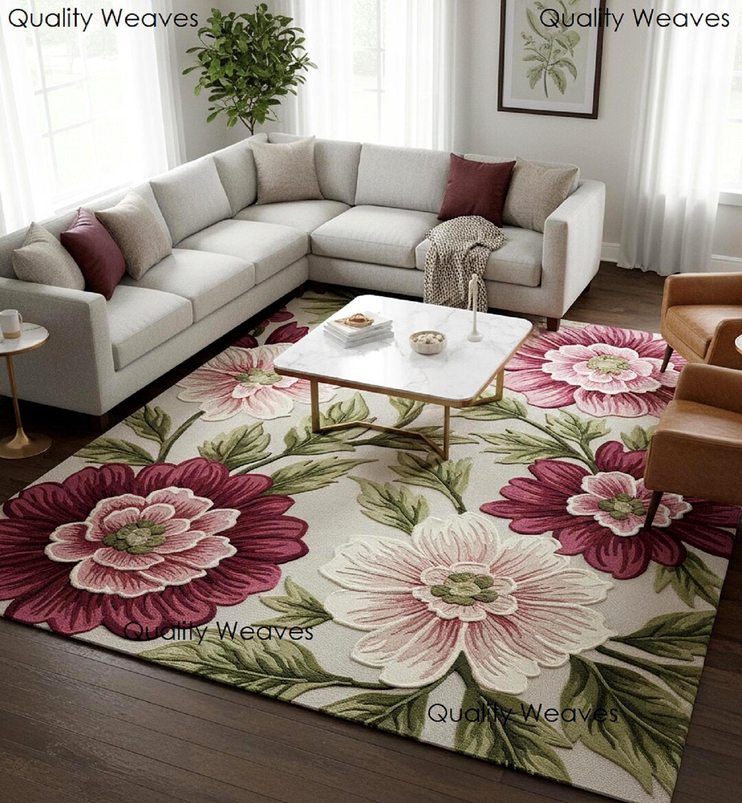 Elle Raspberry Decor Rug Deep Raspberry & Cream Floral Rug | Oversized Hand-carved Flower Area ...