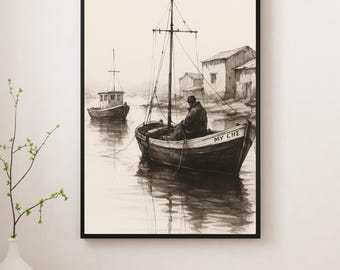 Stampa di una barca da pesca d'epoca: arte nautica costiera in bianco e nero (download digitale)