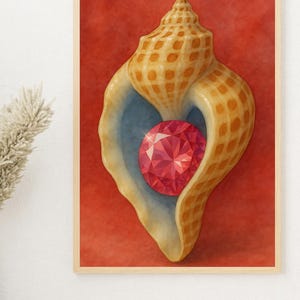 May include: A framed print featuring a detailed illustration of a seashell. The shell is tan with a textured pattern, cradling a large, faceted, red gemstone. The background is a solid, vibrant red. The artwork is displayed in a light-colored wooden frame.
