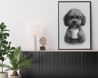 Dog with Glasses Coffee Print: Puppy Lover Wall Art (Digital Download)