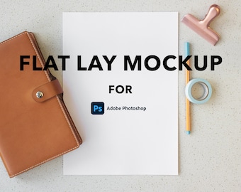 Flatlay Mockup - A4 sized paper on desktop for Adobe Photoshop - digital download