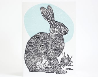 Hand Printed Greeting Card - Hare Lino Print