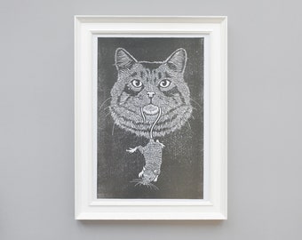 A4 Lino Print - Cat & Mouse