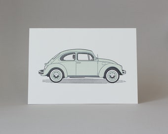 Hand Printed letterpress Greeting Card -   beetle vehicle illustration design