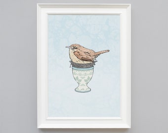 A4 Wren in a nest eggcup Illustration Print