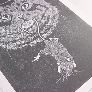 Cat with mouse. Hand printed lino print. A4 size. Grey and white.  Made in the UK by the Type Stack Studio