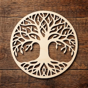 May include: A circular wooden wall art piece featuring a laser-cut design of a tree of life. The light-coloured wood shows a detailed pattern of intricate branches extending upwards and roots extending downwards, all enclosed within a solid circular frame.