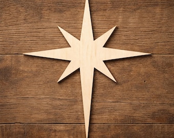 May include: A light-colored, flat, wooden star cutout featuring a classic eight-pointed design with elongated vertical and horizontal rays. The star has a smooth, natural wood grain finish and sharp, pointed tips, creating a symmetrical geometric shape.