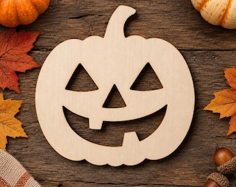 Jack O Lantern Wood Cutout Blank, Smiling Pumpkin Shape for Halloween Crafts