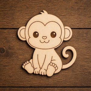 Figura de madera sin terminar de mono recortada con forma de animal de la selva, cortada con láser, para manualidades.
