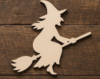 Houten uitsnede heks op bezem voor Halloween Craft